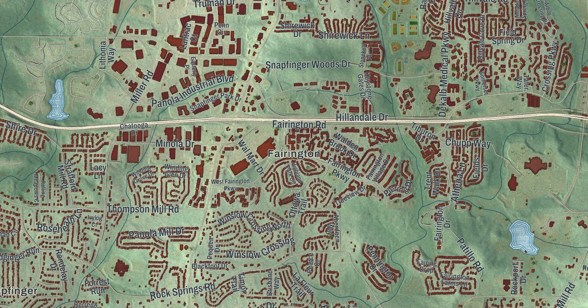 Close-up of streets and buildings in Stonecrest, Georgia