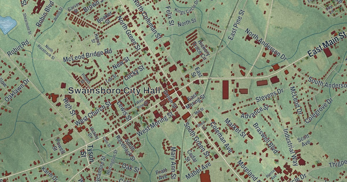 Close-up of streets and buildings in Swainsboro, Georgia
