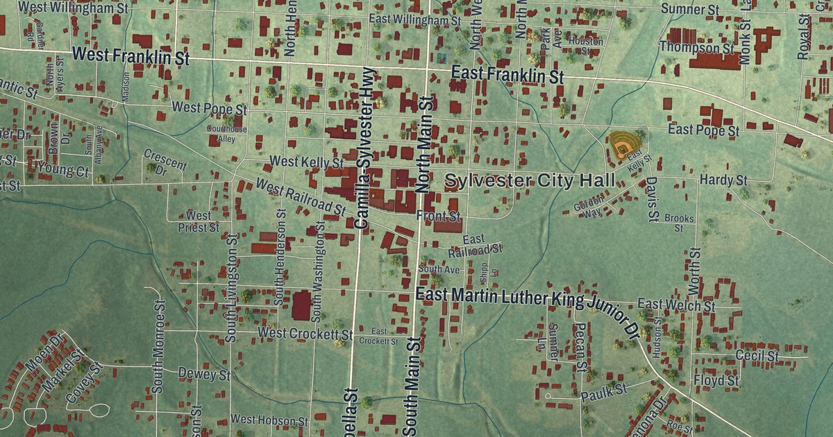 Close-up of streets and buildings in Sylvester, Georgia