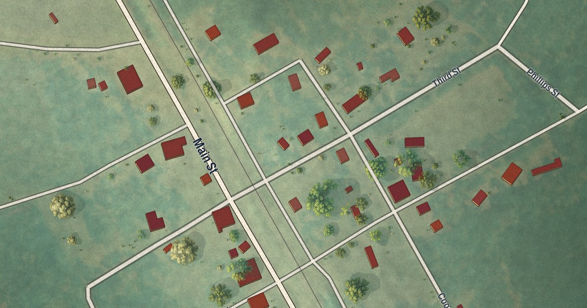 Close-up of streets and buildings in Tarrytown, Georgia