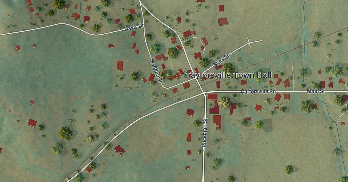 Close-up of streets and buildings in Taylorsville, Georgia