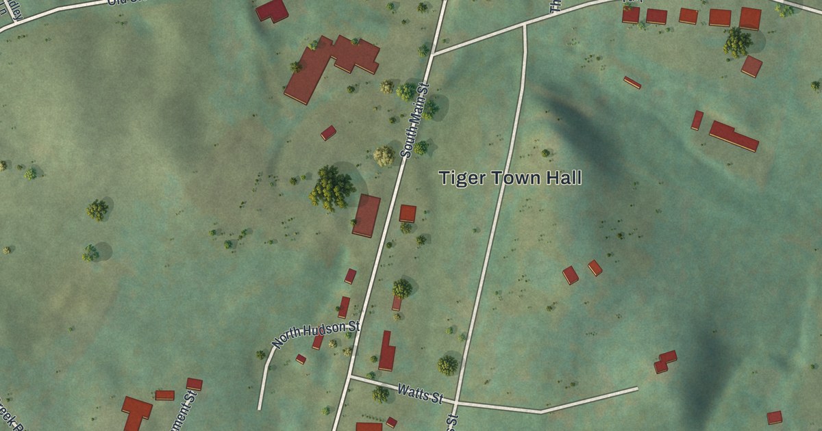 Close-up of streets and buildings in Tiger, Georgia