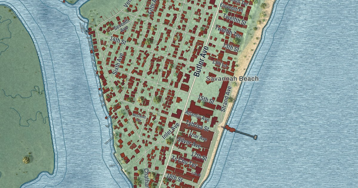 Close-up of streets and buildings in Tybee Island, Georgia