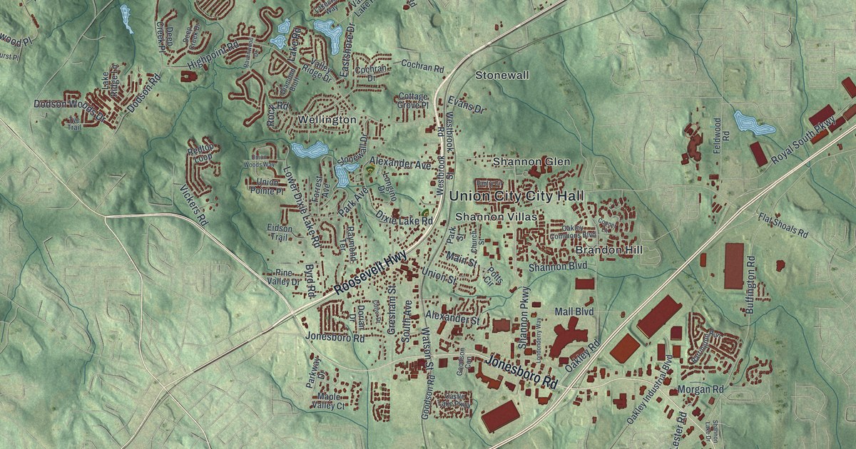 Close-up of streets and buildings in Union City, Georgia