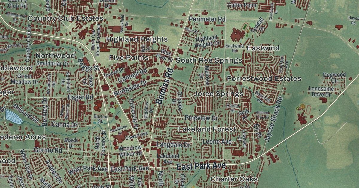 Close-up of streets and buildings in Valdosta, Georgia