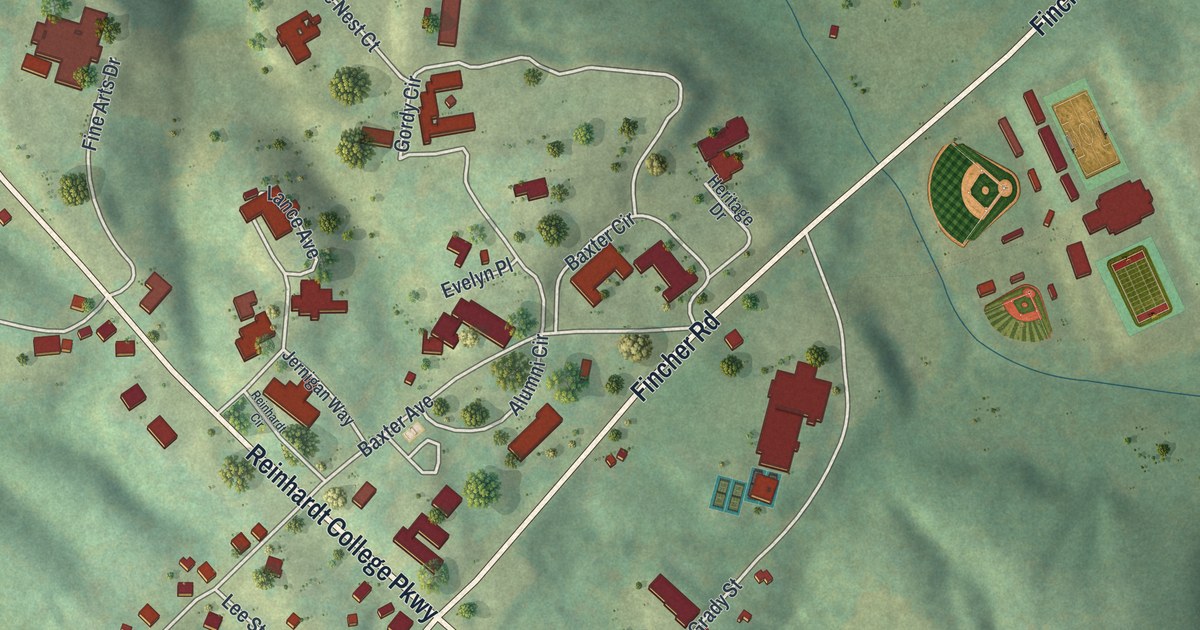Close-up of streets and buildings in Waleska, Georgia