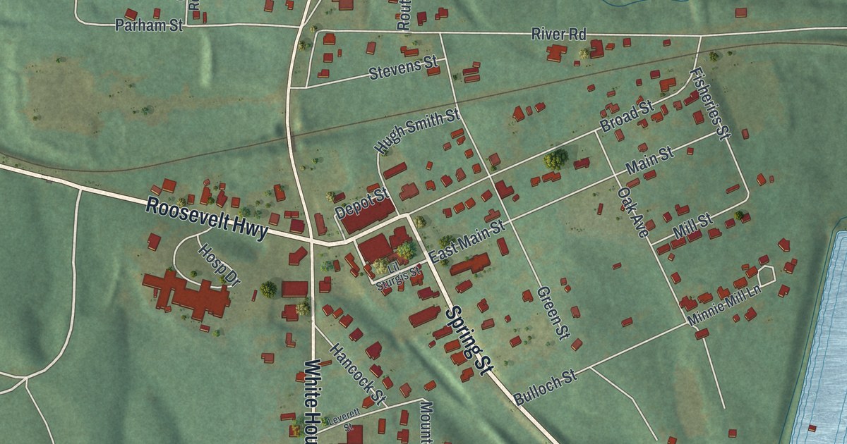 Close-up of streets and buildings in Warm Springs, Georgia