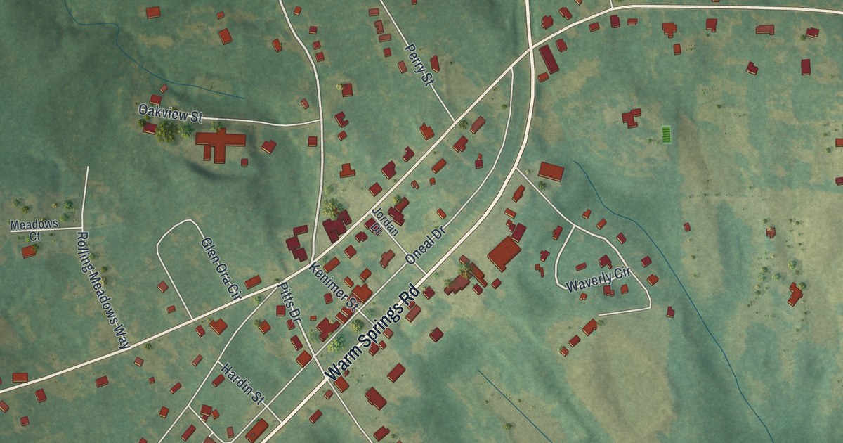 Close-up of streets and buildings in Waverly Hall, Georgia