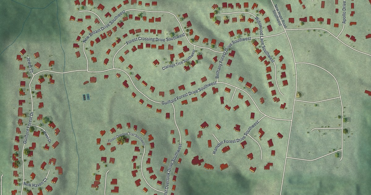 Close-up of streets and buildings in West Cascade, Georgia