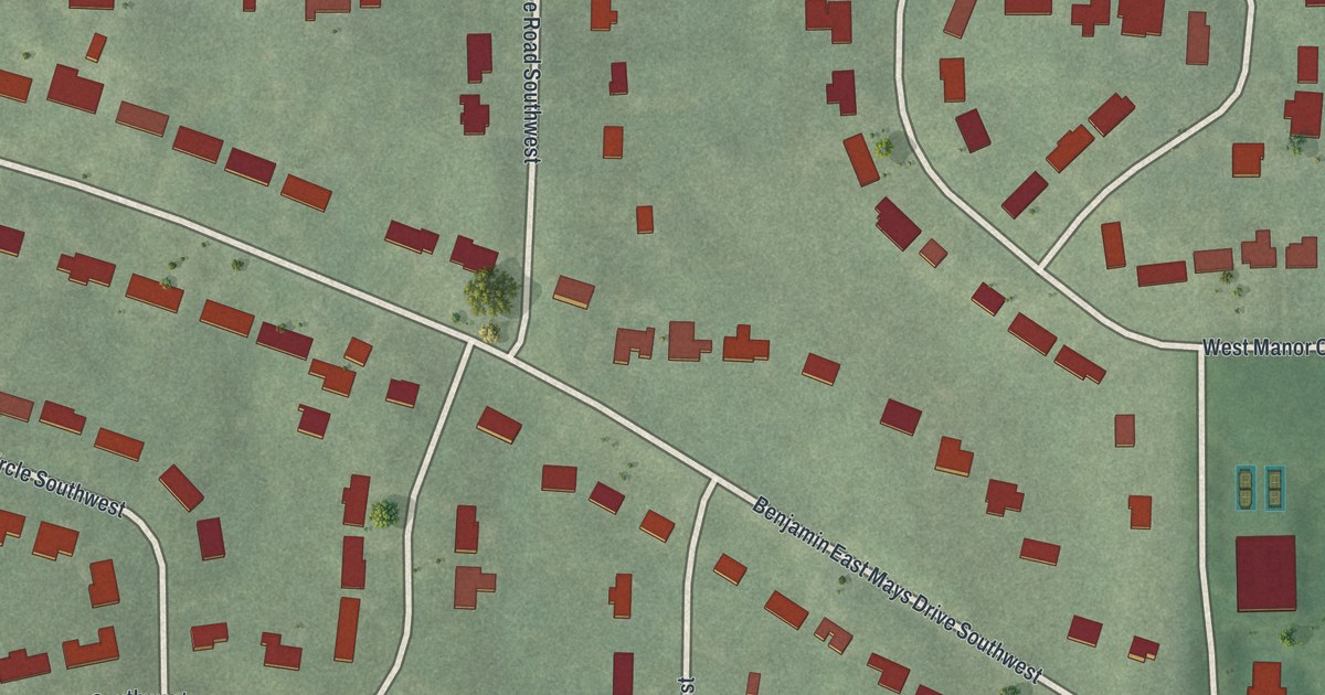 Close-up of streets and buildings in West Manor, Georgia