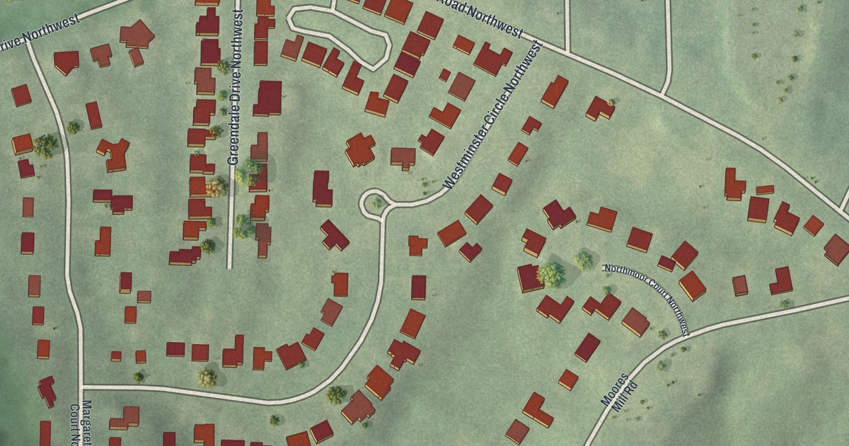 Close-up of streets and buildings in Westminster-Milmar, Georgia