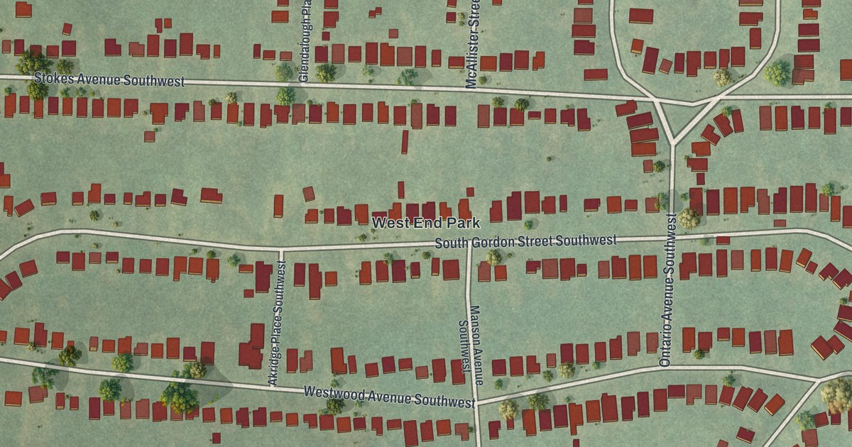 Close-up of streets and buildings in Westview, Georgia