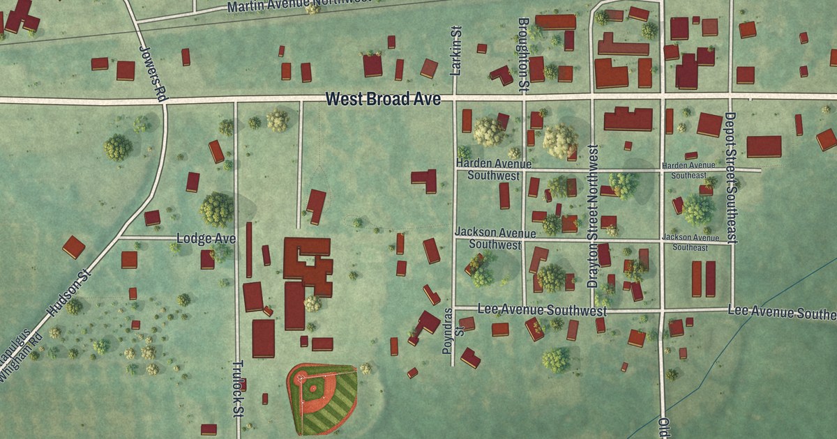Close-up of streets and buildings in Whigham, Georgia
