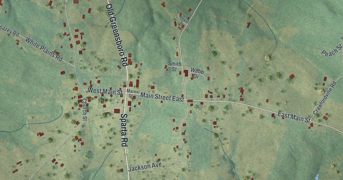 Close-up of streets and buildings in White Plains, Georgia