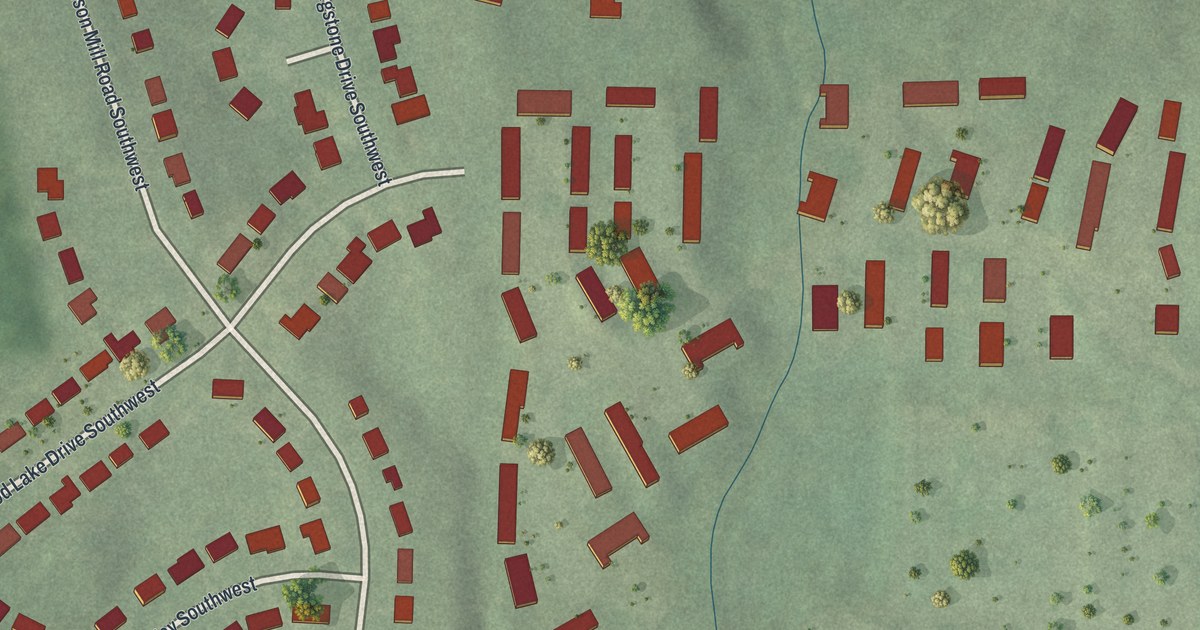 Close-up of streets and buildings in Wildwood (NPU-H), Georgia