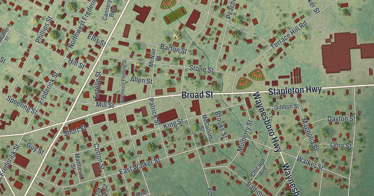 Close-up of streets and buildings in Wrens, Georgia