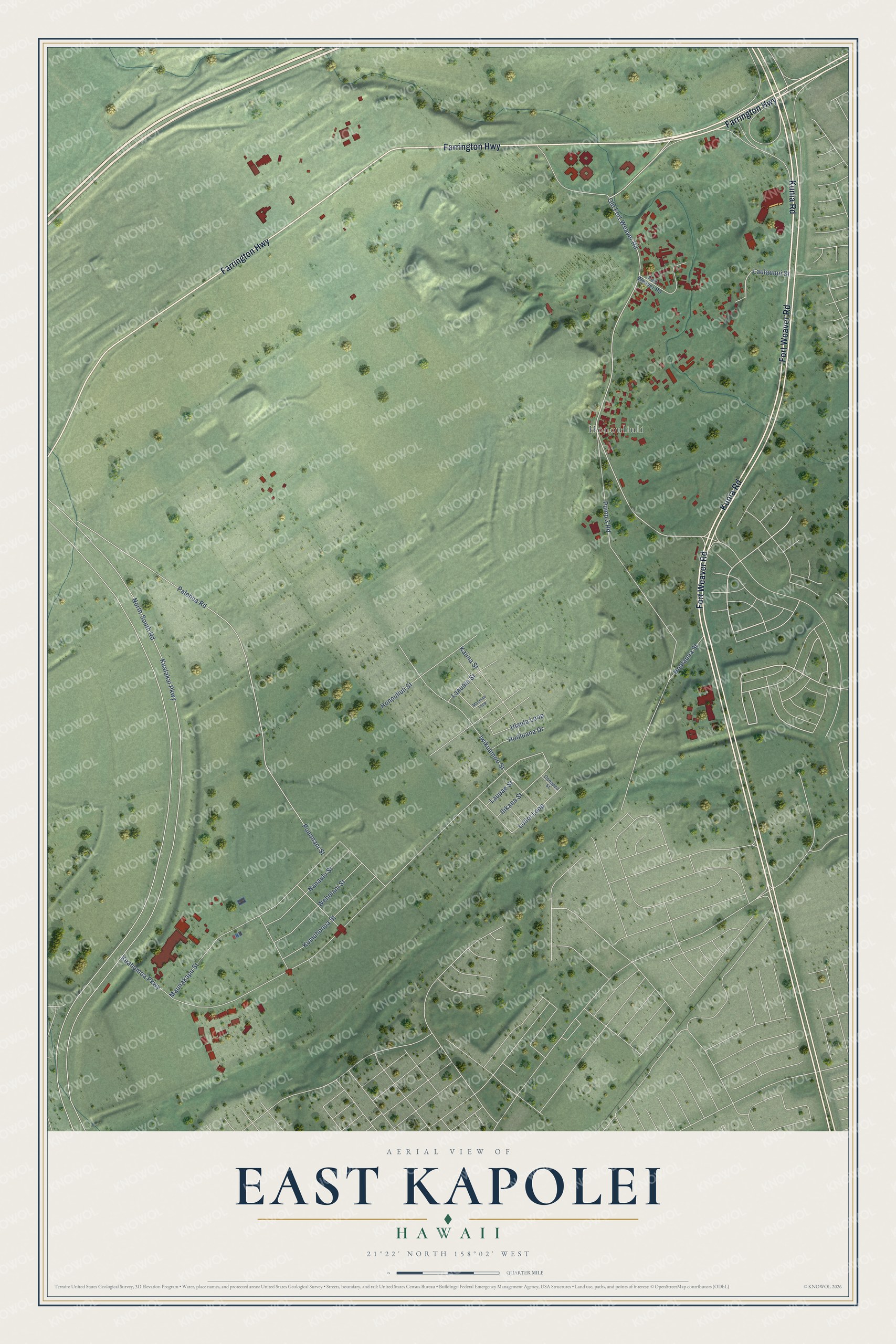 Full map of East Kapolei, Hawaii, with red buildings, printed street names and the land around them