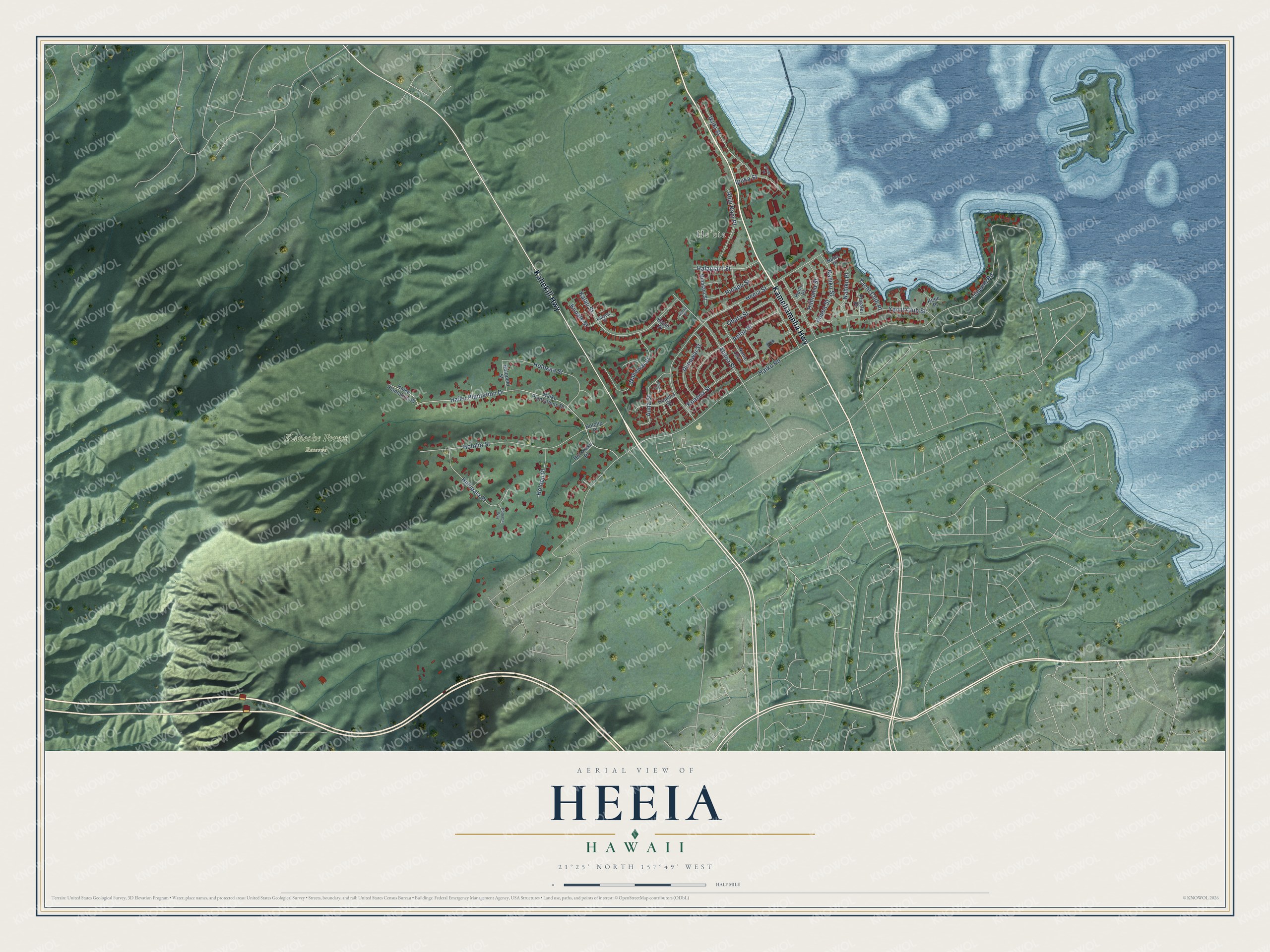 Full map of Heeia, Hawaii, with red buildings, printed street names and the land around them