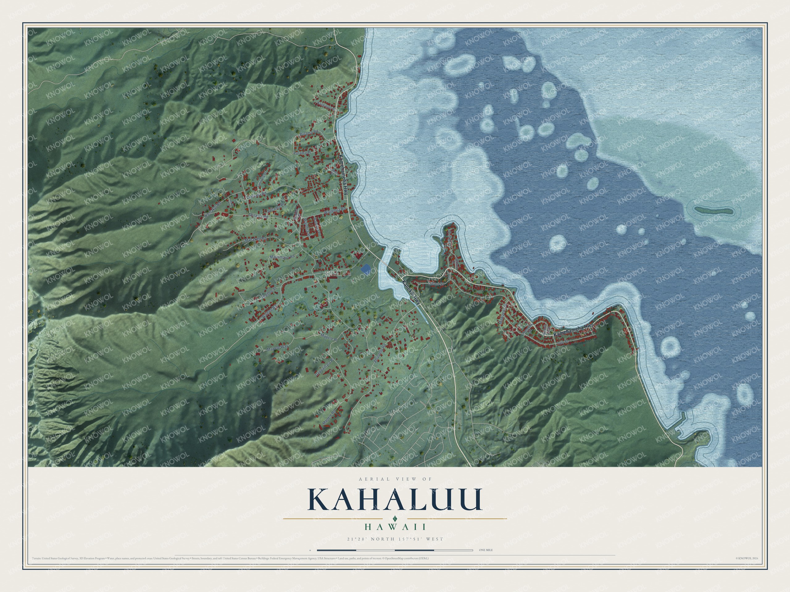 Full map of Kahaluu, Hawaii, with red buildings, printed street names and the land around them