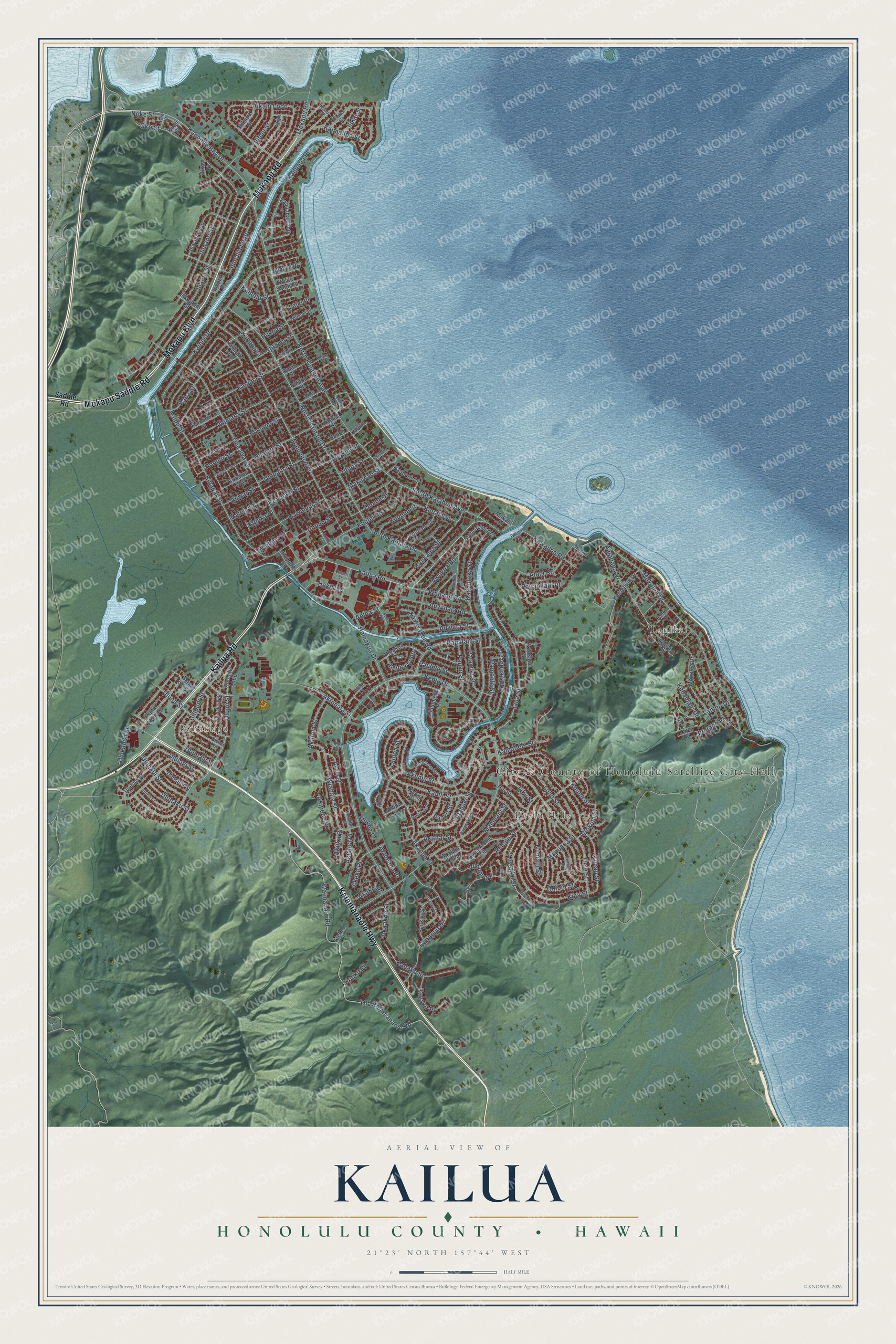 Full map of Kailua, Honolulu County, Hawaii, with red buildings, printed street names and the land around them