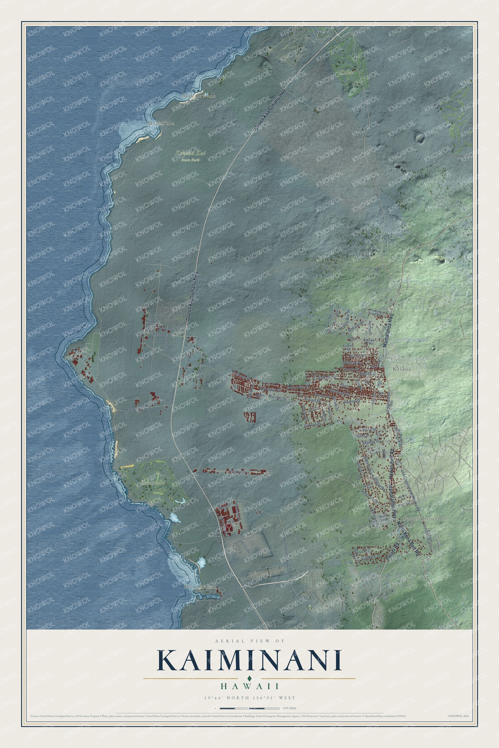 Full map of Kaiminani, Hawaii, with red buildings, printed street names and the land around them