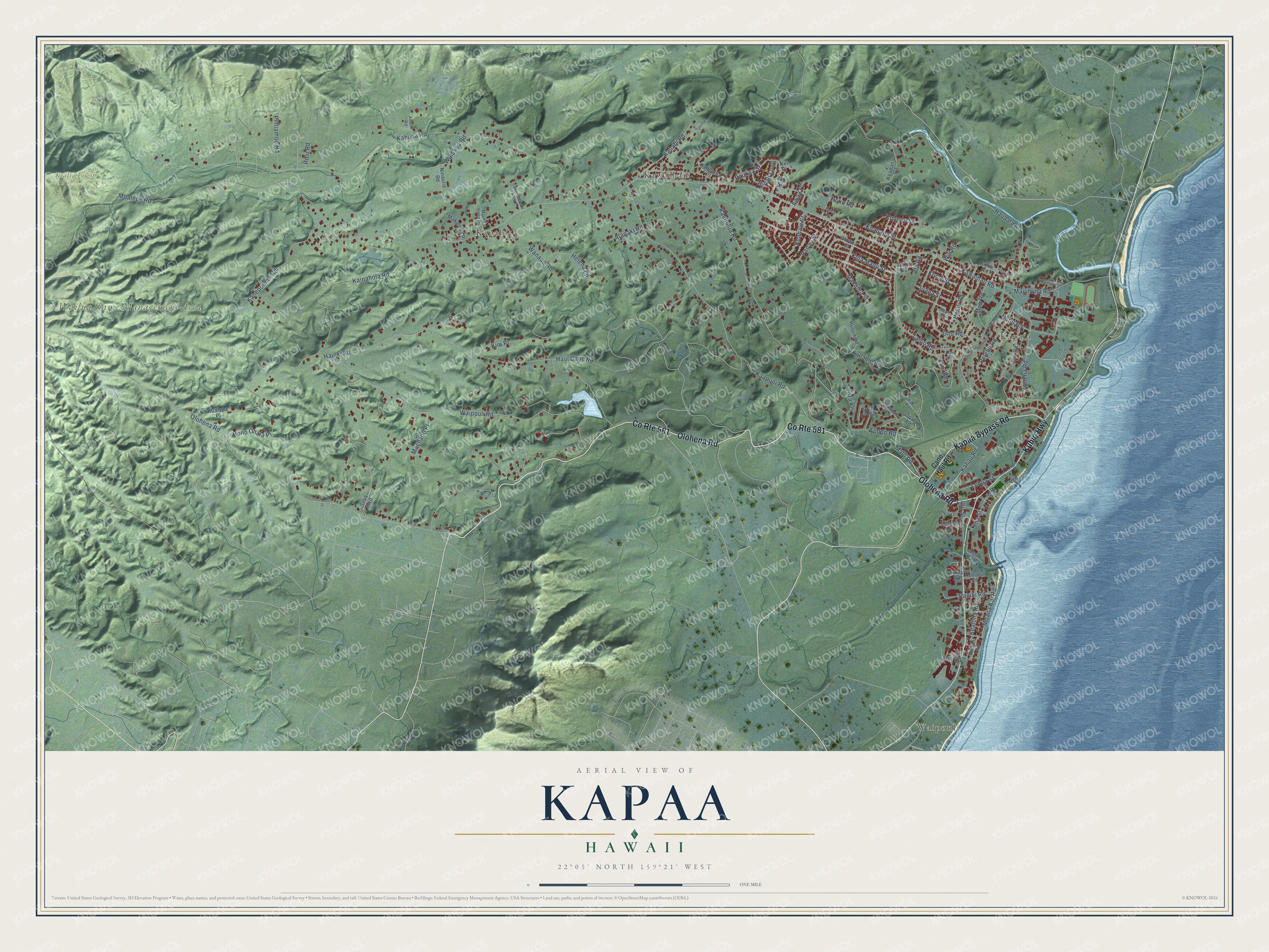 Full map of Kapaa, Hawaii, with red buildings, printed street names and the land around them