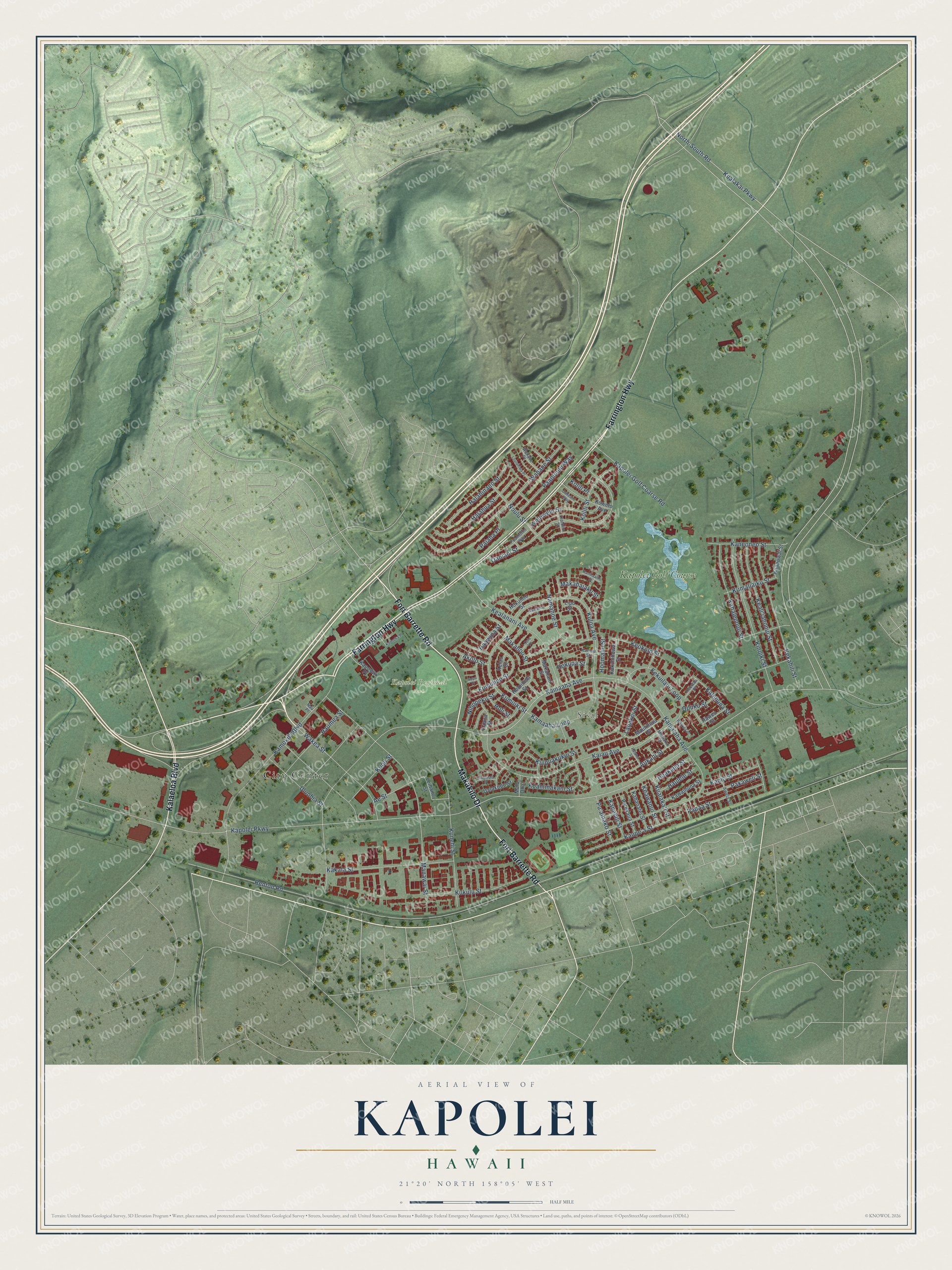 Full map of Kapolei, Hawaii, with red buildings, printed street names and the land around them