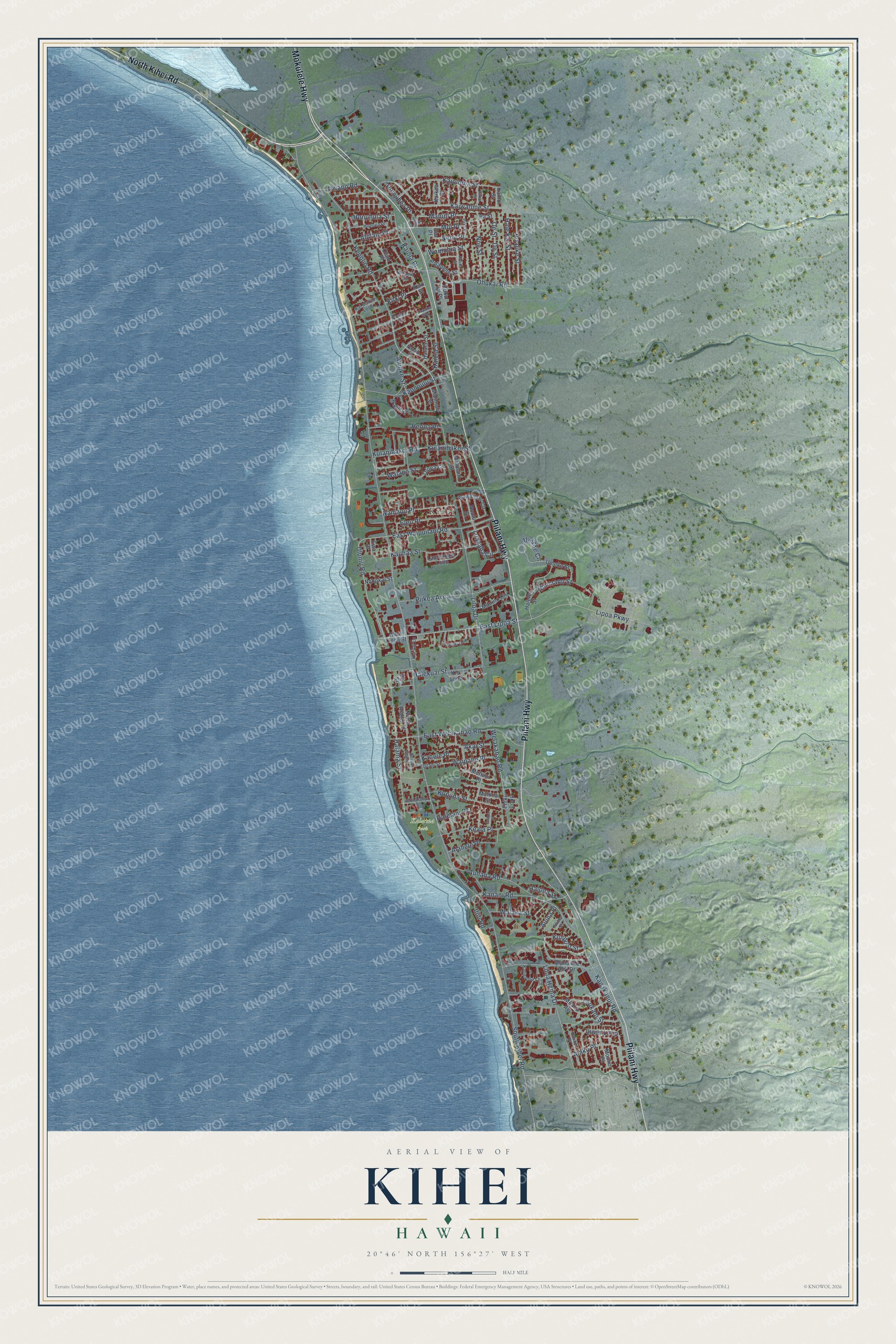 Full map of Kihei, Hawaii, with red buildings, printed street names and the land around them