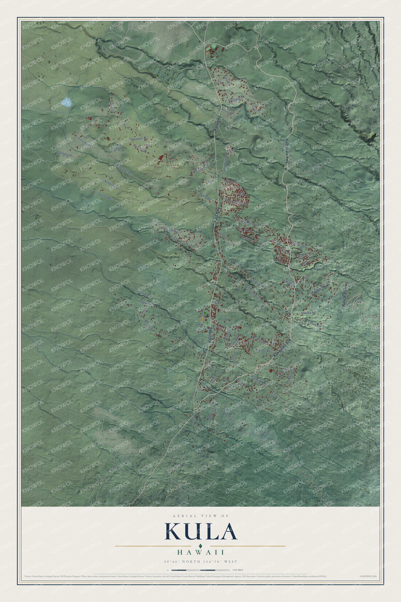 Full map of Kula, Hawaii, with red buildings, printed street names and the land around them