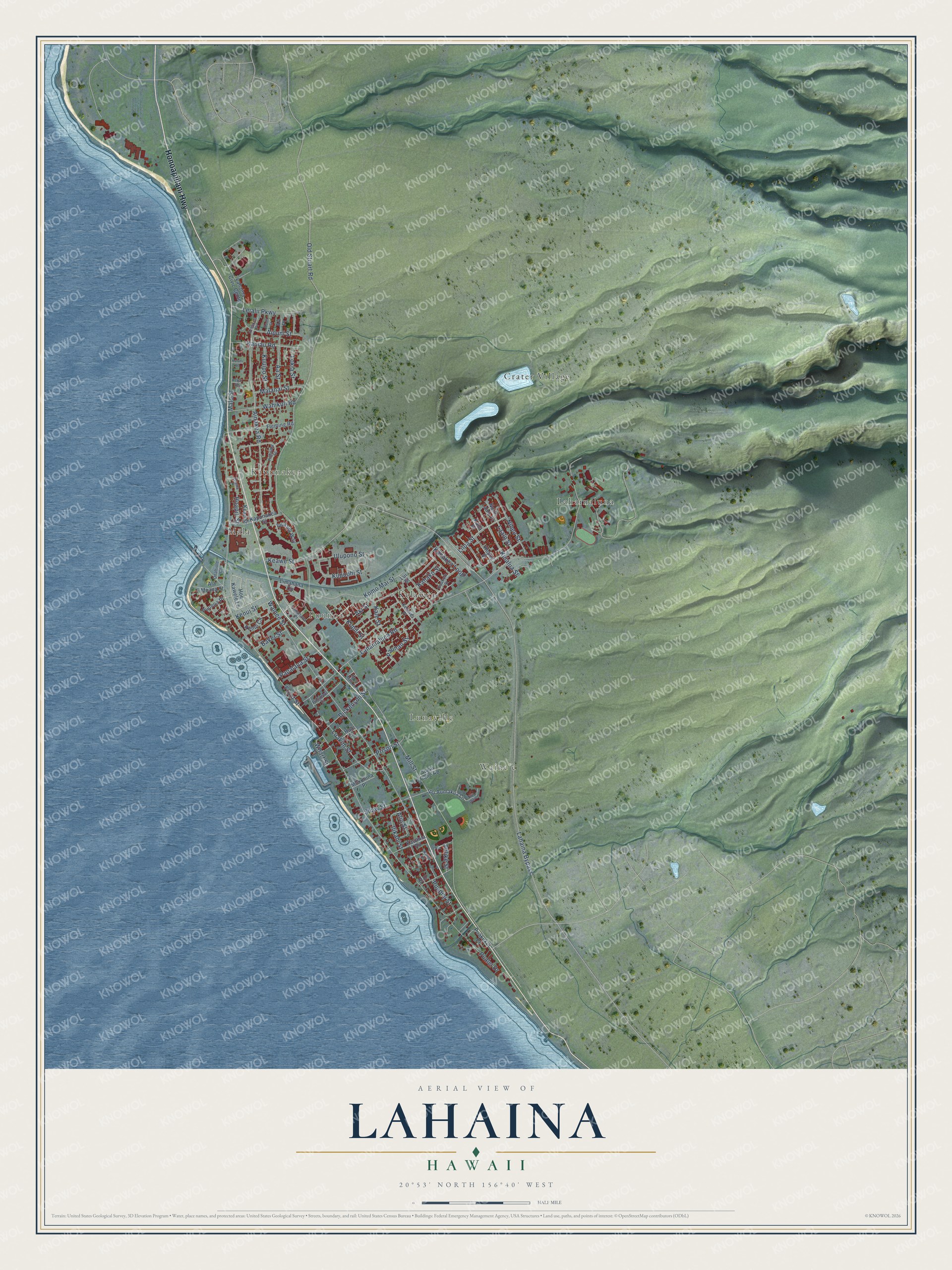 Full map of Lahaina, Hawaii, with red buildings, printed street names and the land around them