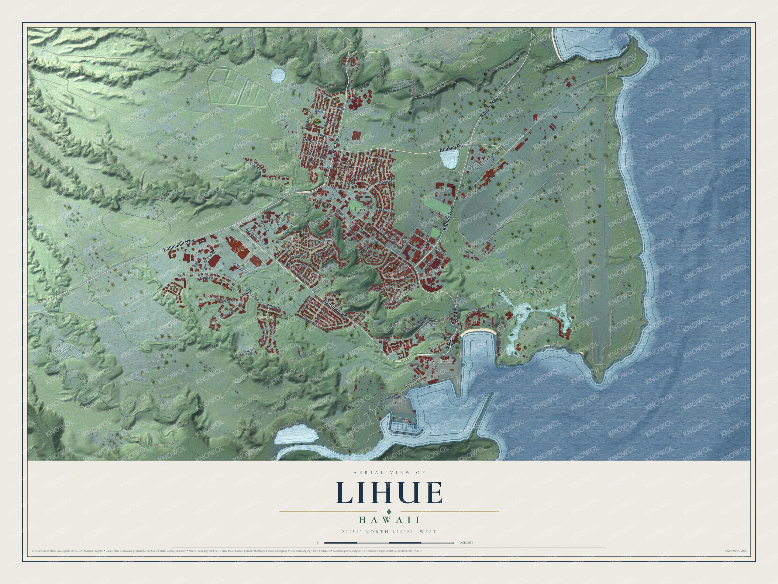 Full map of Lihue, Hawaii, with red buildings, printed street names and the land around them
