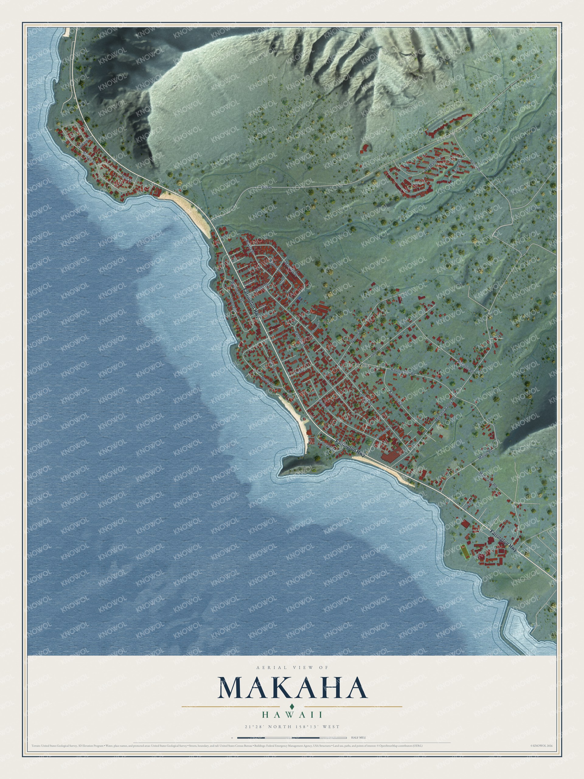 Full map of Makaha, Hawaii, with red buildings, printed street names and the land around them