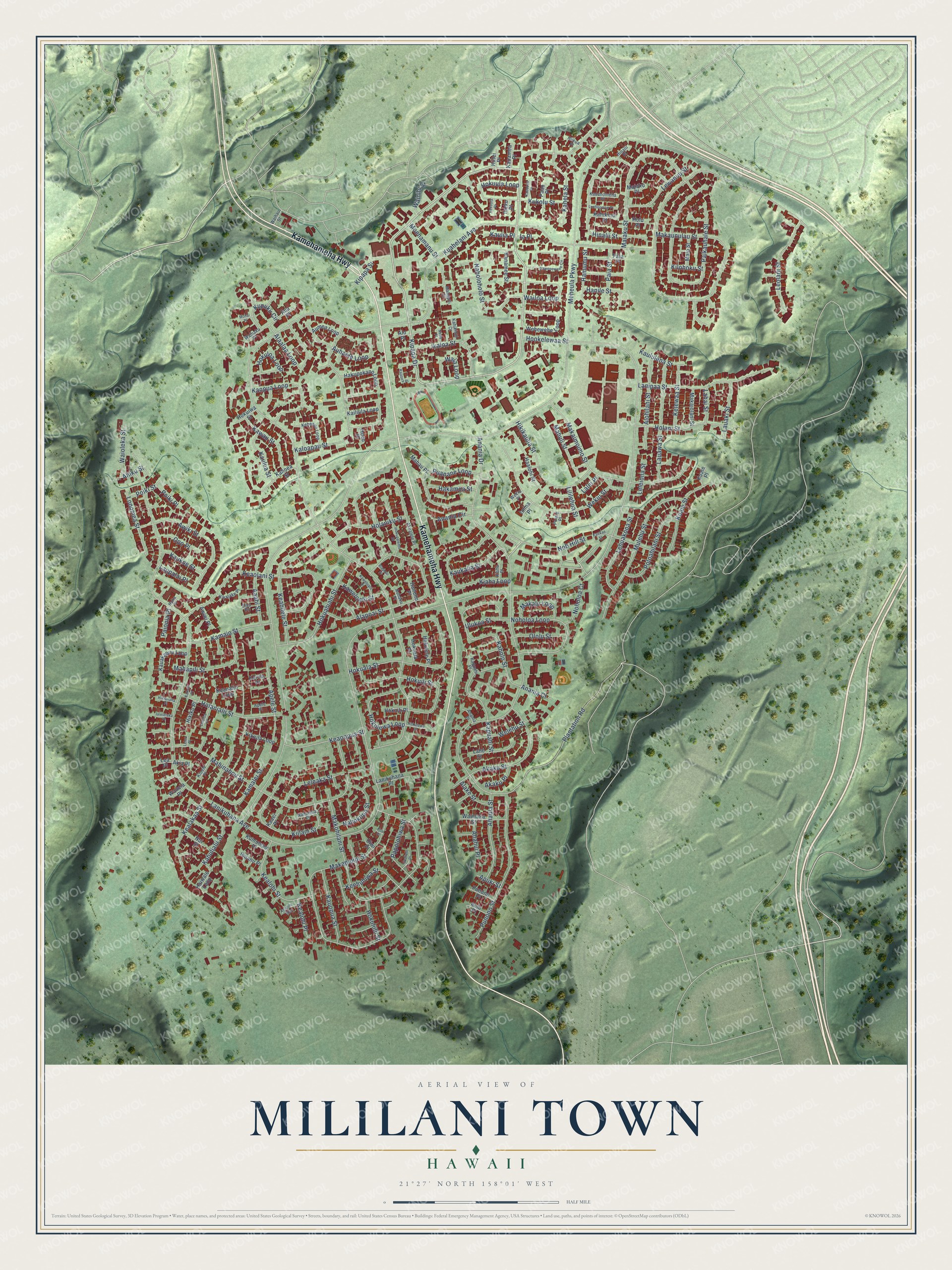 Full map of Mililani Town, Hawaii, with red buildings, printed street names and the land around them