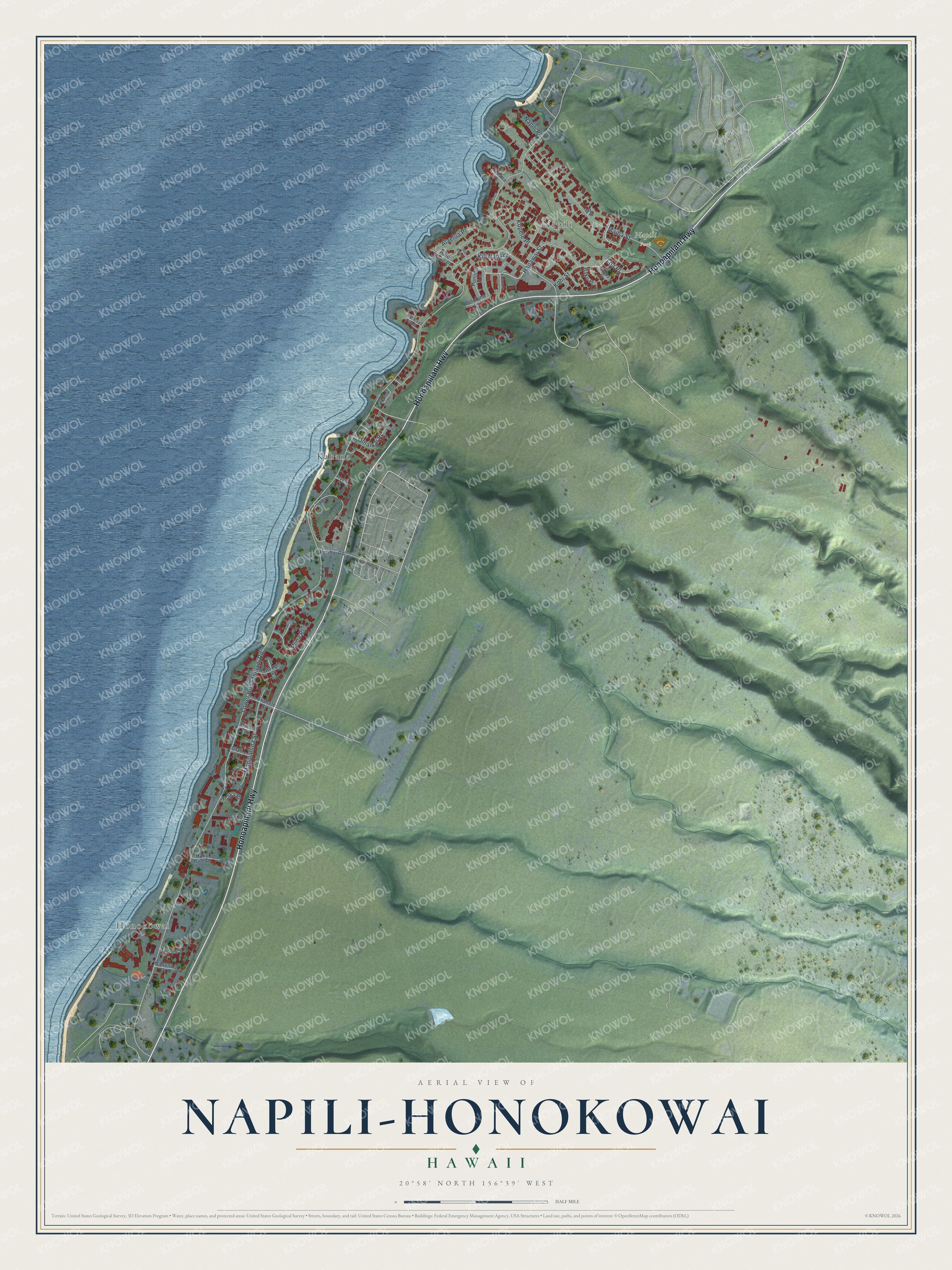 Full map of Napili-Honokowai, Hawaii, with red buildings, printed street names and the land around them