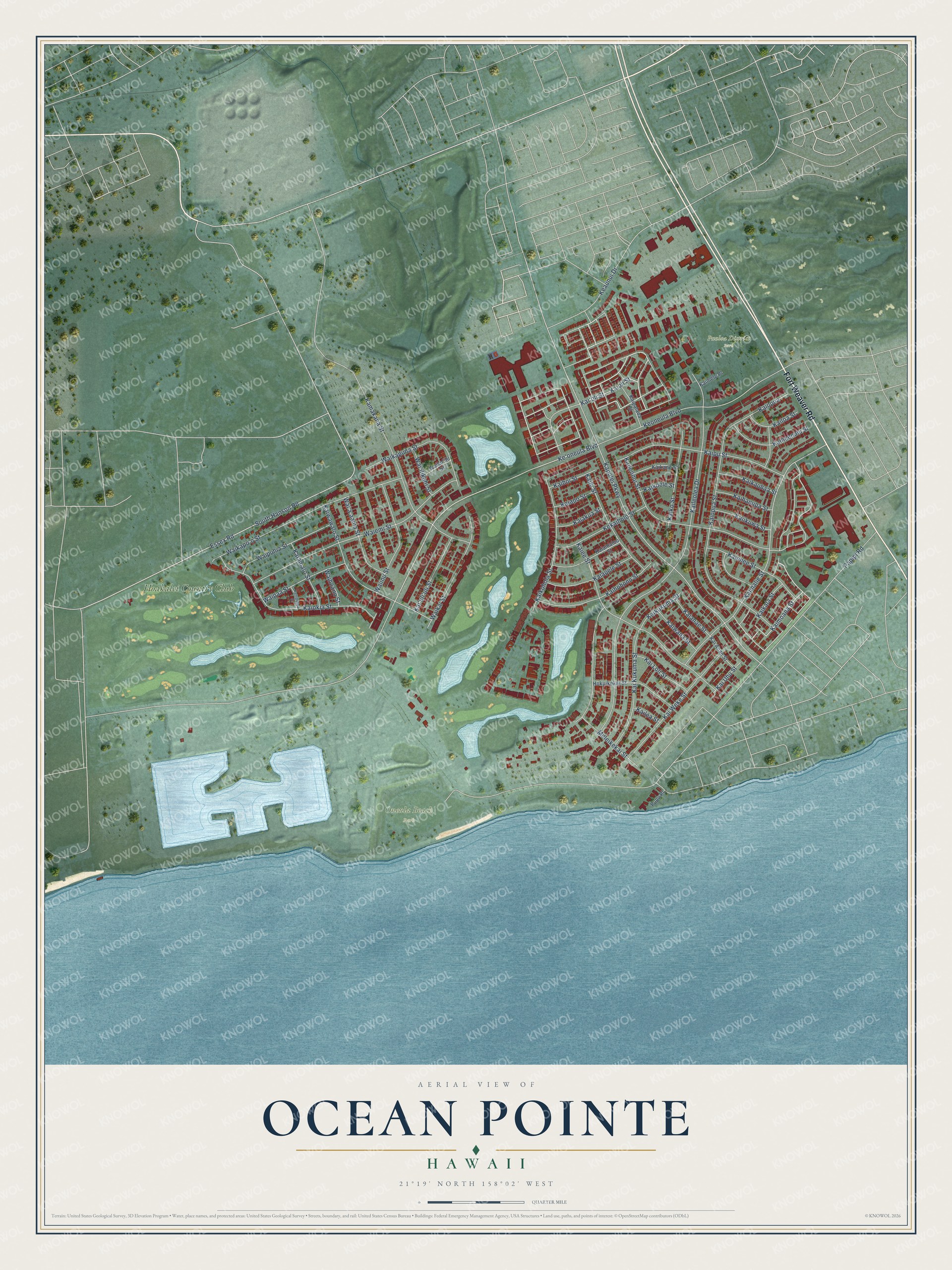 Full map of Ocean Pointe, Hawaii, with red buildings, printed street names and the land around them