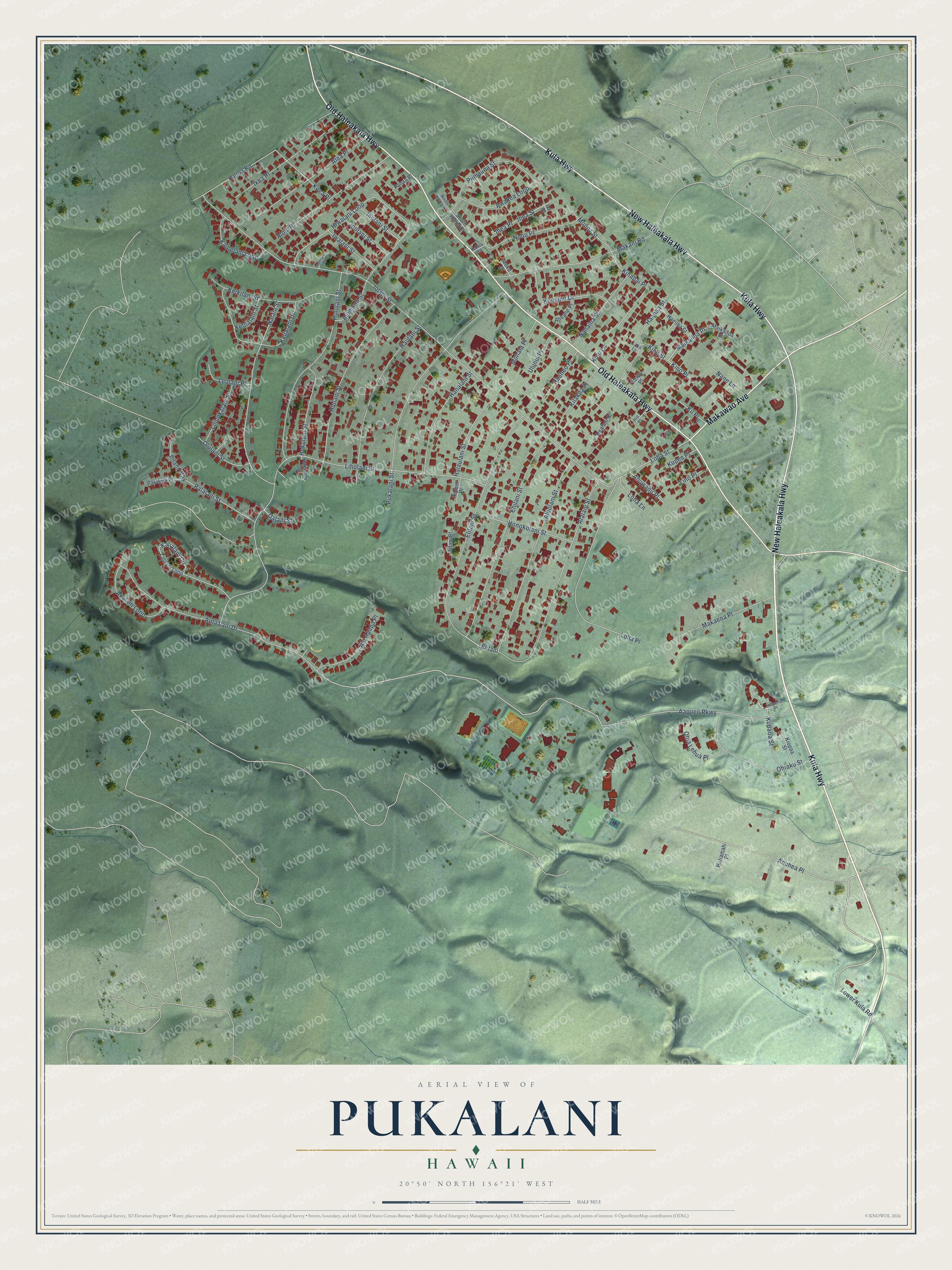 Full map of Pukalani, Hawaii, with red buildings, printed street names and the land around them