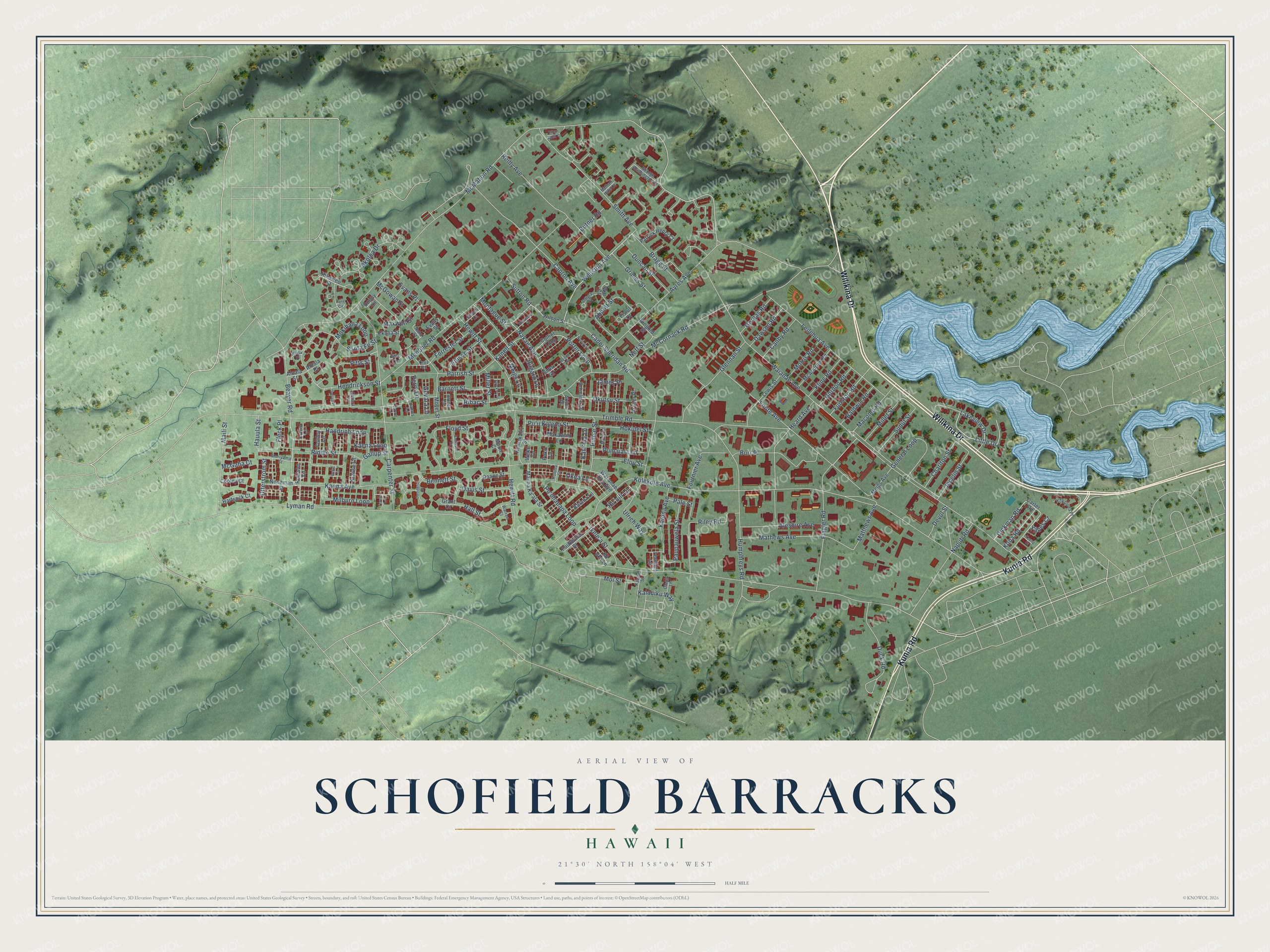 Full map of Schofield Barracks, Hawaii, with red buildings, printed street names and the land around them