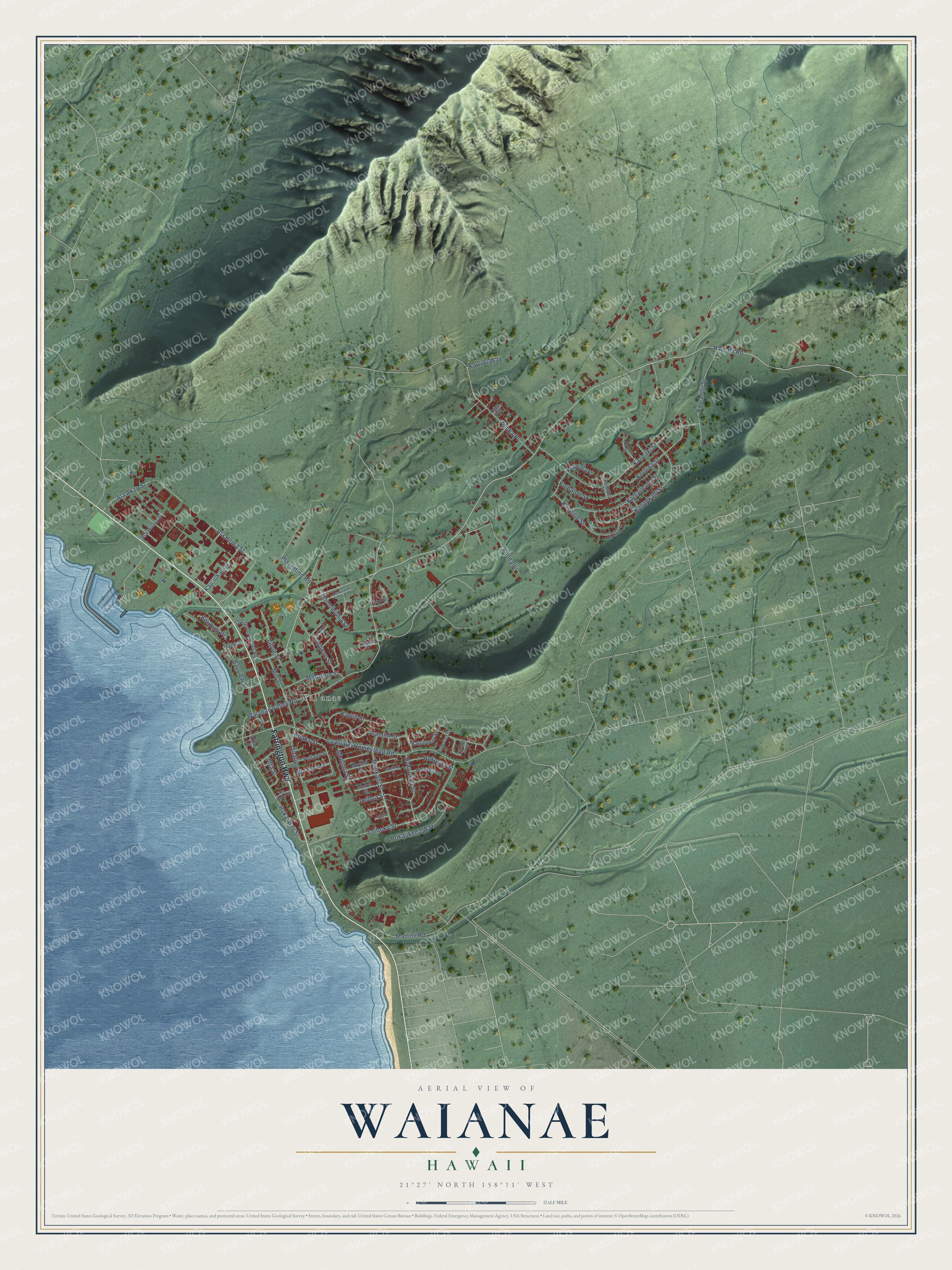 Full map of Waianae, Hawaii, with red buildings, printed street names and the land around them