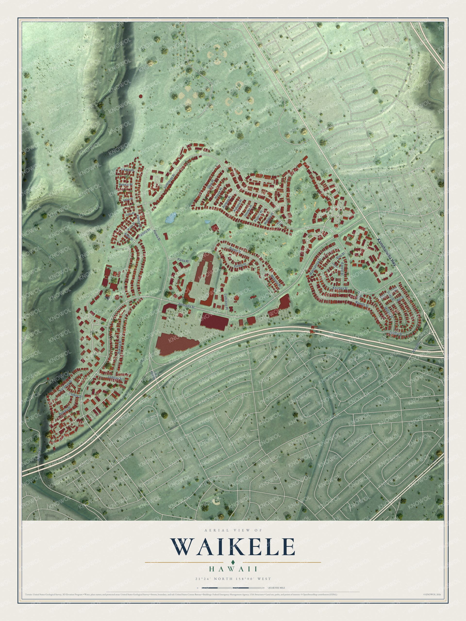 Full map of Waikele, Hawaii, with red buildings, printed street names and the land around them