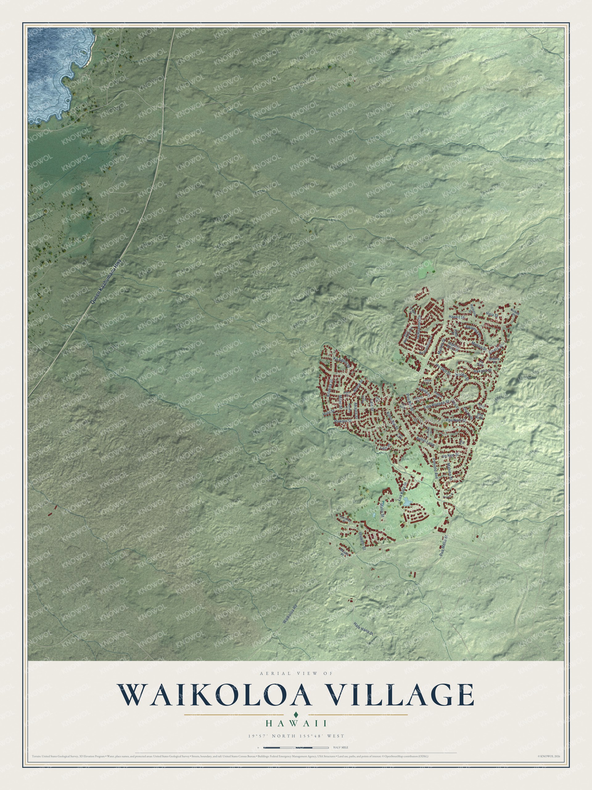 Full map of Waikoloa Village, Hawaii, with red buildings, printed street names and the land around them