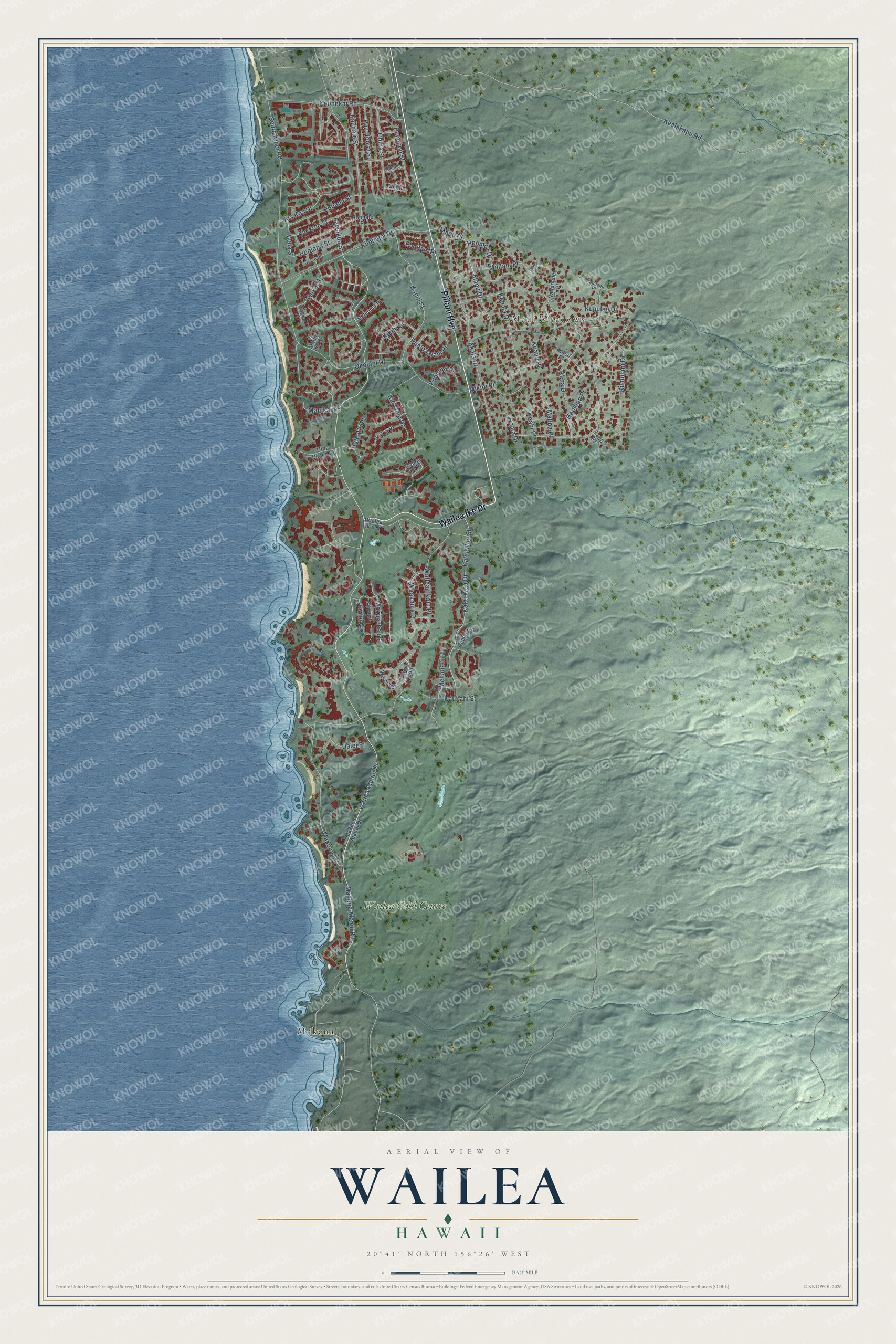 Full map of Wailea, Hawaii, with red buildings, printed street names and the land around them