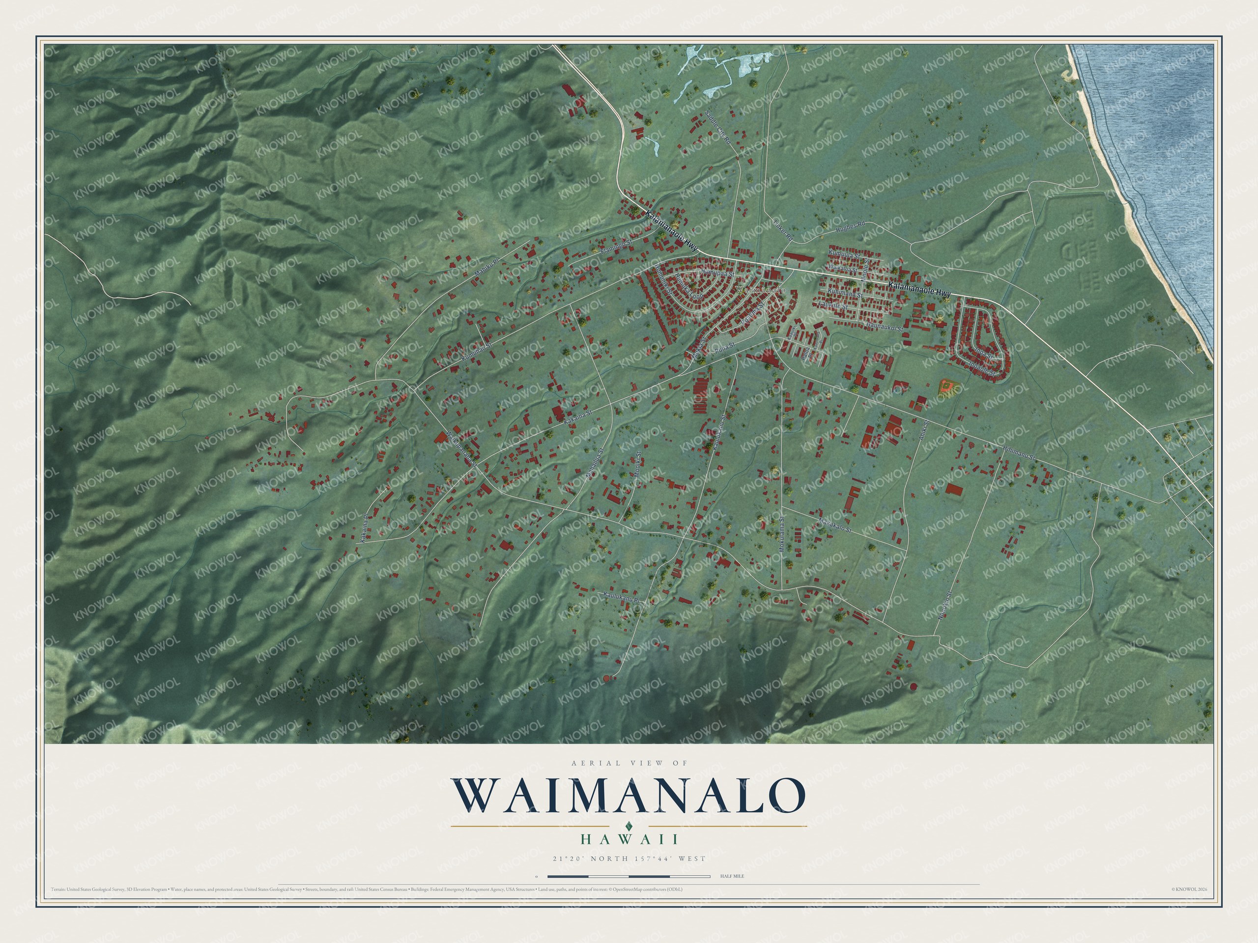 Full map of Waimanalo, Hawaii, with red buildings, printed street names and the land around them