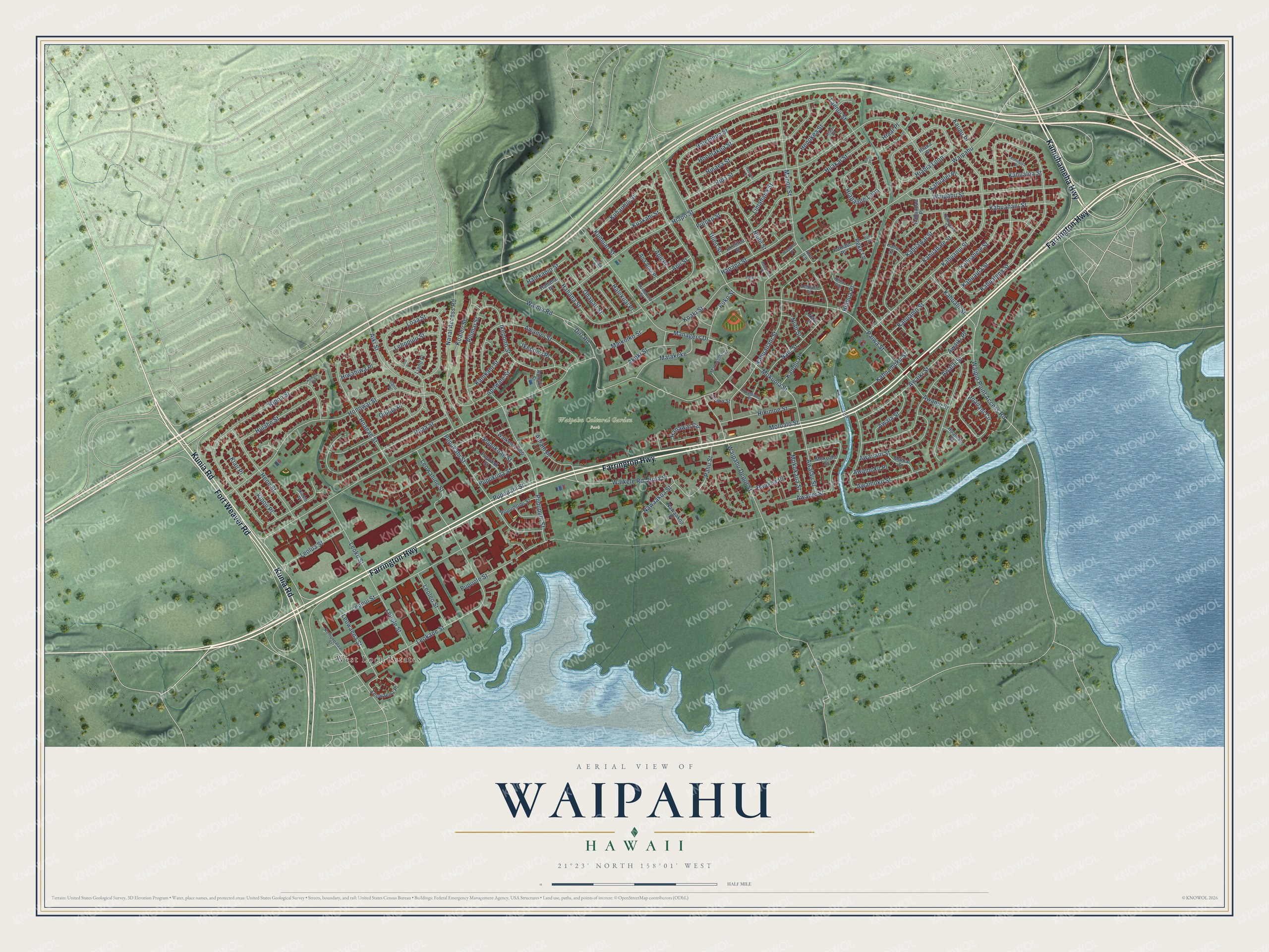 Full map of Waipahu, Hawaii, with red buildings, printed street names and the land around them