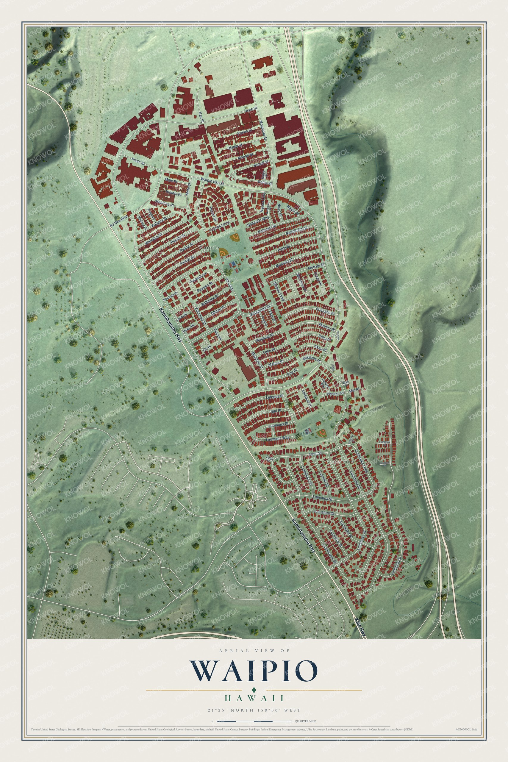 Full map of Waipio, Hawaii, with red buildings, printed street names and the land around them