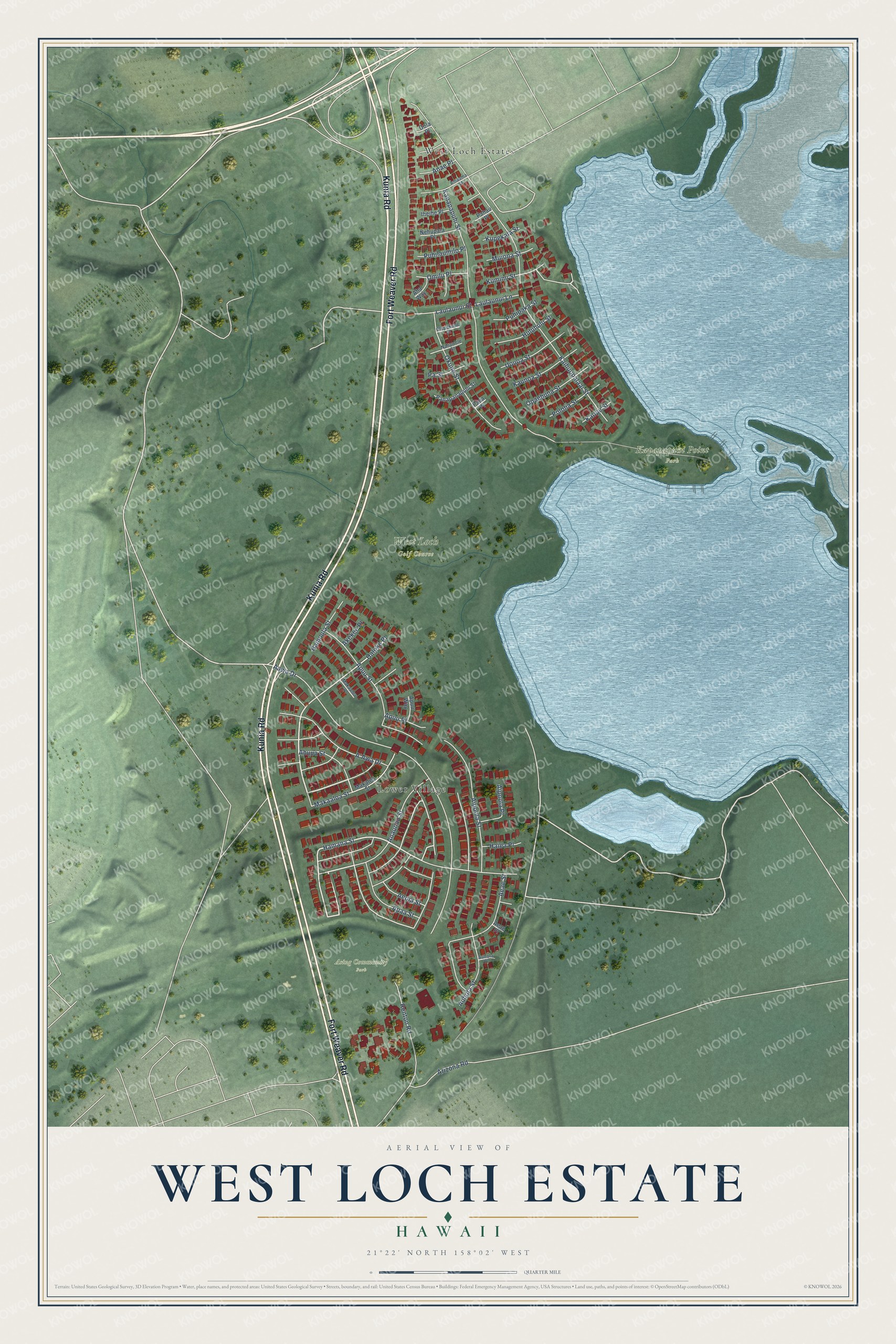 Full map of West Loch Estate, Hawaii, with red buildings, printed street names and the land around them