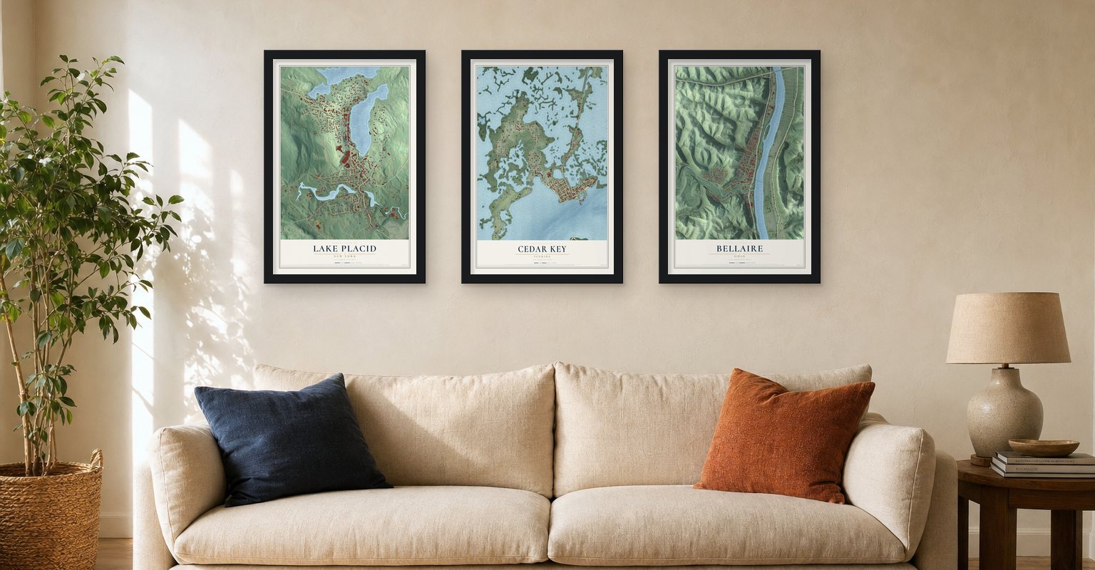 Three KNOWOL town maps framed on a living room wall: Lake Placid, New York, Cedar Key, Florida and Bellaire, Ohio