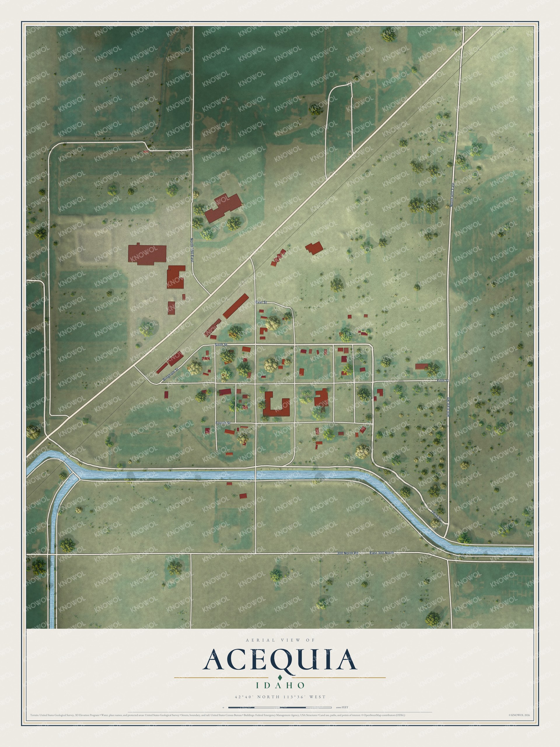 Full map of Acequia, Idaho, with red buildings, printed street names and the land around them