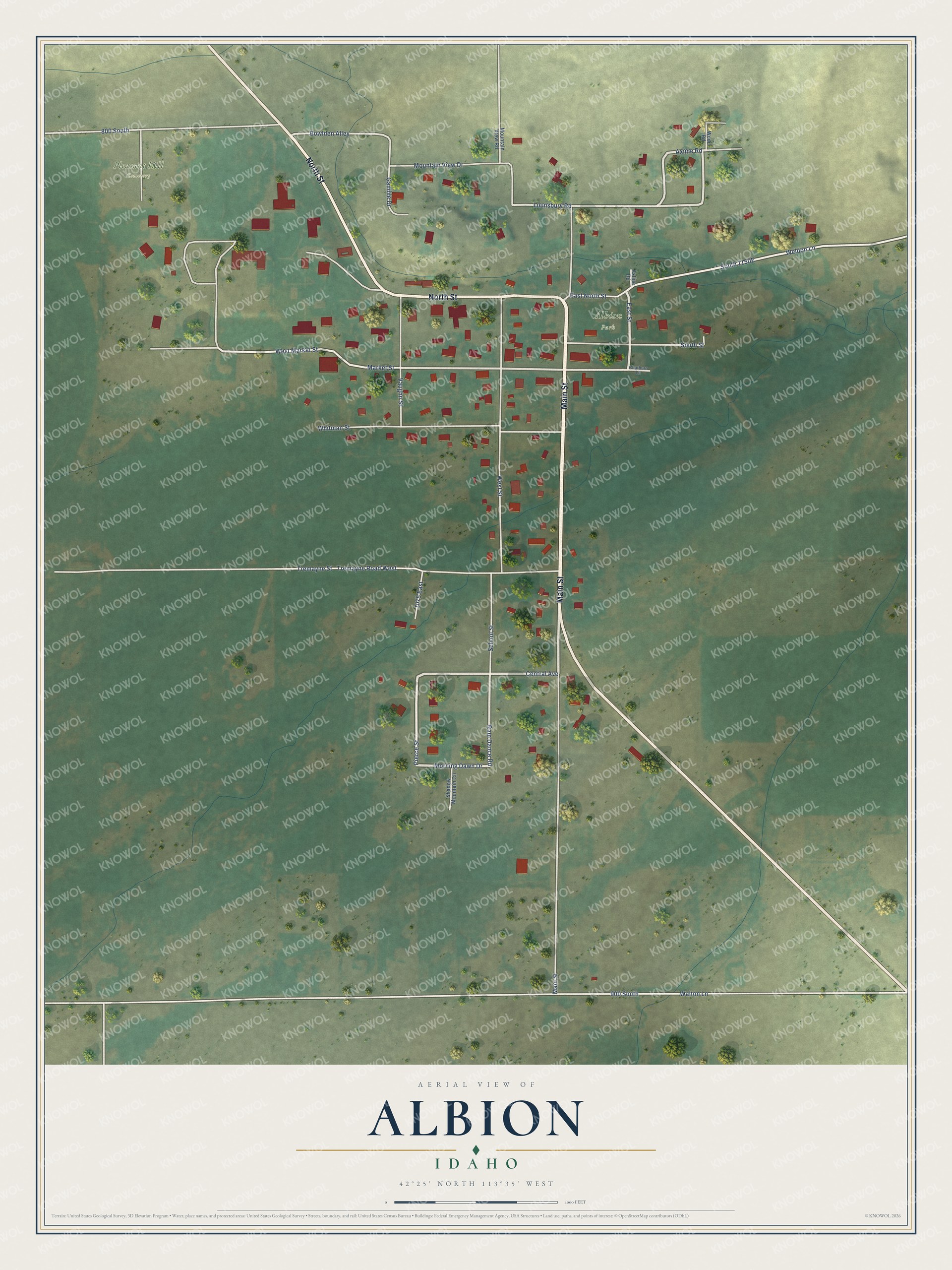 Full map of Albion, Idaho, with red buildings, printed street names and the land around them