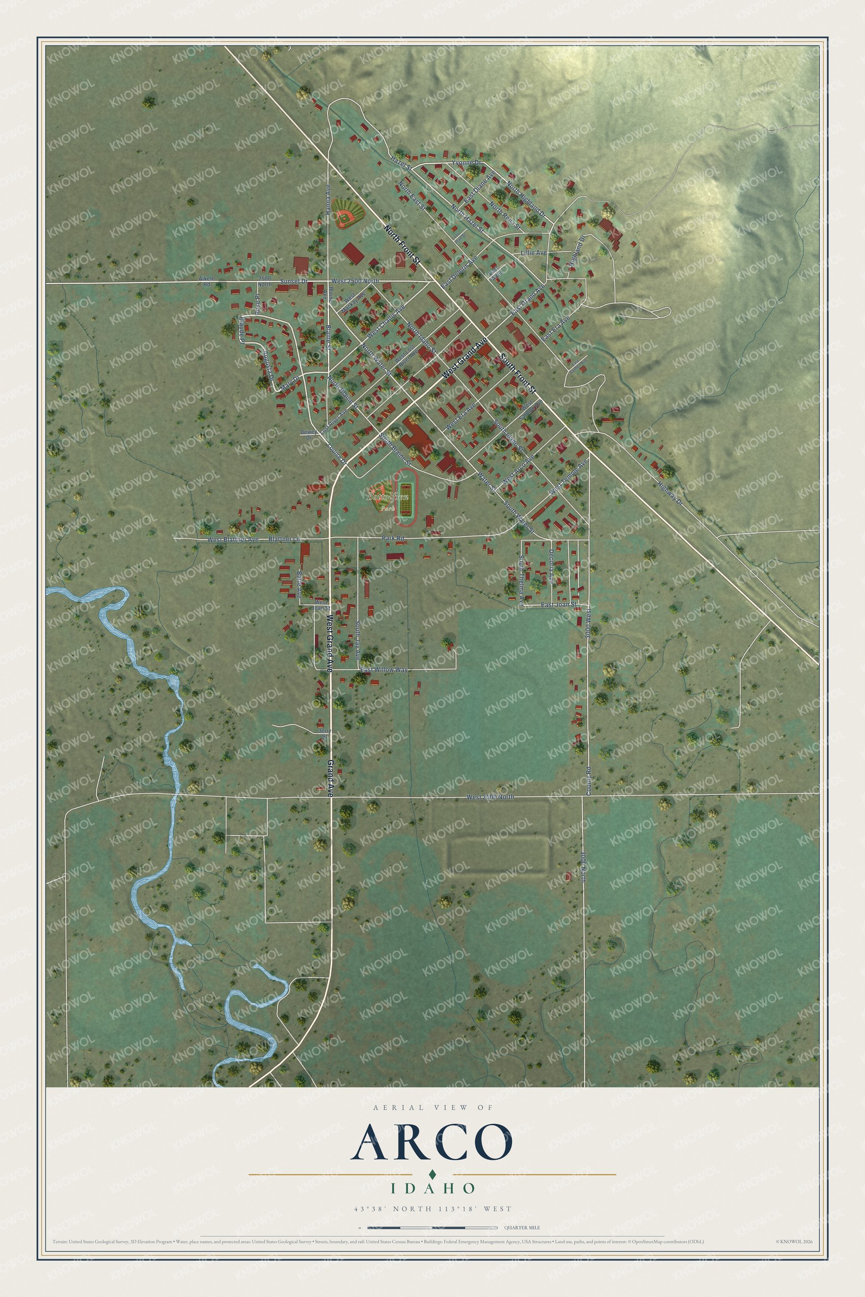 Full map of Arco, Idaho, with red buildings, printed street names and the land around them