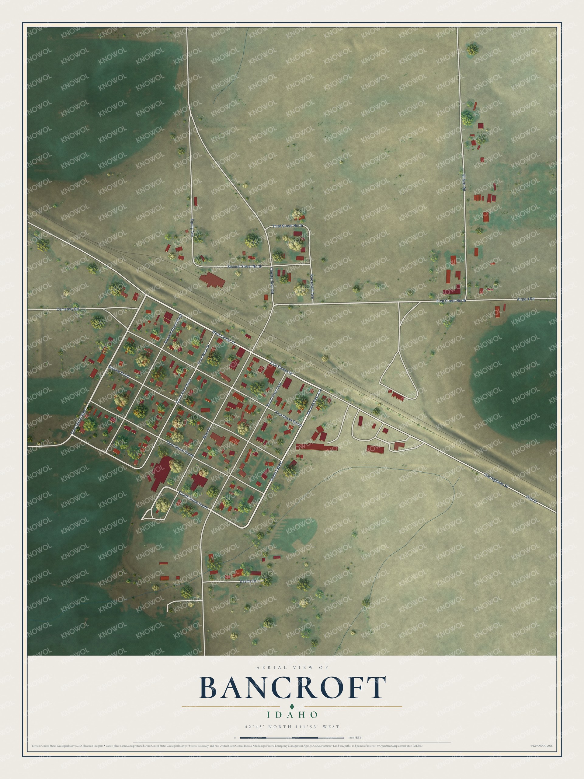 Full map of Bancroft, Idaho, with red buildings, printed street names and the land around them